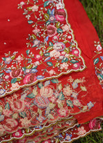 Load image into Gallery viewer, Pure organza red saree with embroidary work