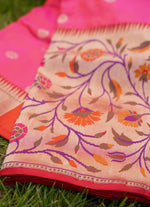 Load image into Gallery viewer, Pink Banarasi silk saree with paithani border