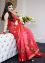 Load image into Gallery viewer, Floral Print Linen Saree in Red