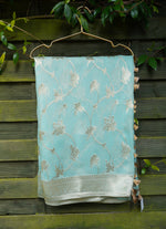 Load image into Gallery viewer, Aqua Blue Banarasi Goergette Saree with tarnish border ans pallu from Banaras