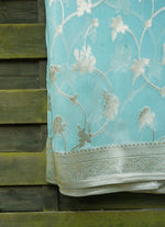 Load image into Gallery viewer, Aqua Blue Banarasi Goergette Saree with tarnish border ans pallu from Banaras