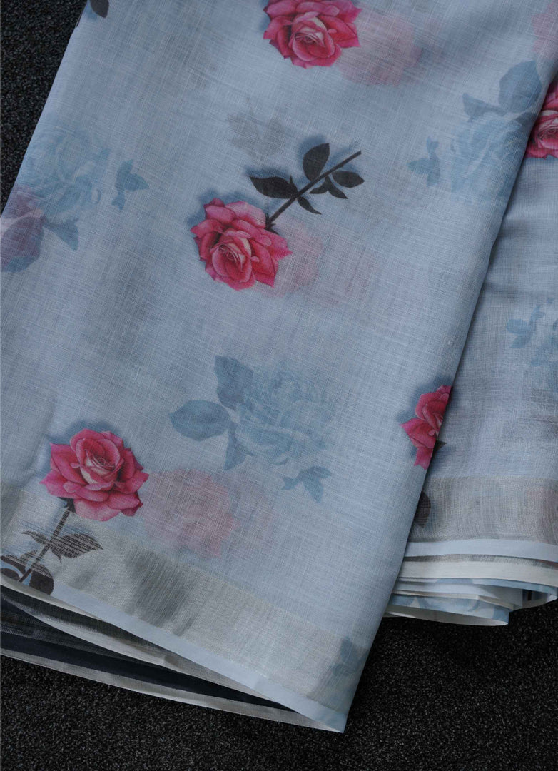 Sky blue Floral linen Saree