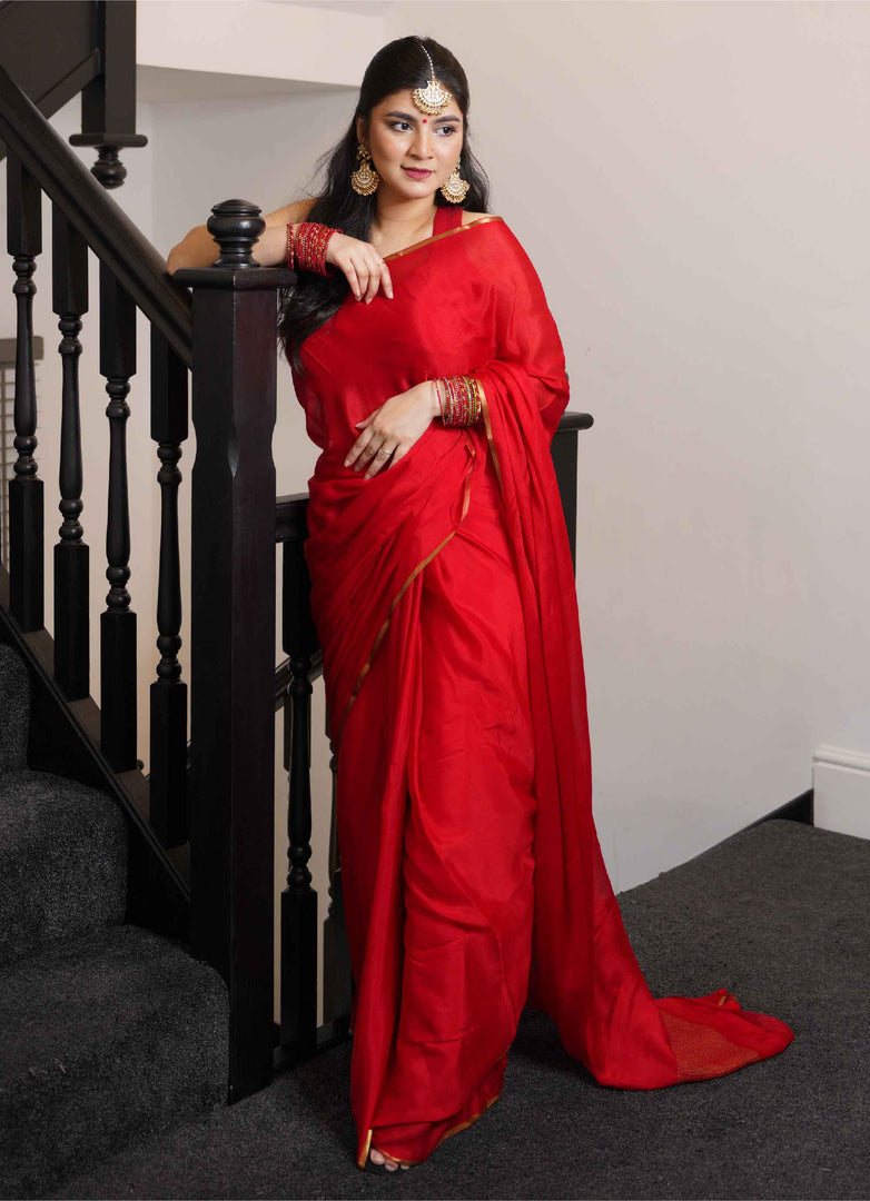 Mysore Pure Chiffon Silk Saree in Bright Red