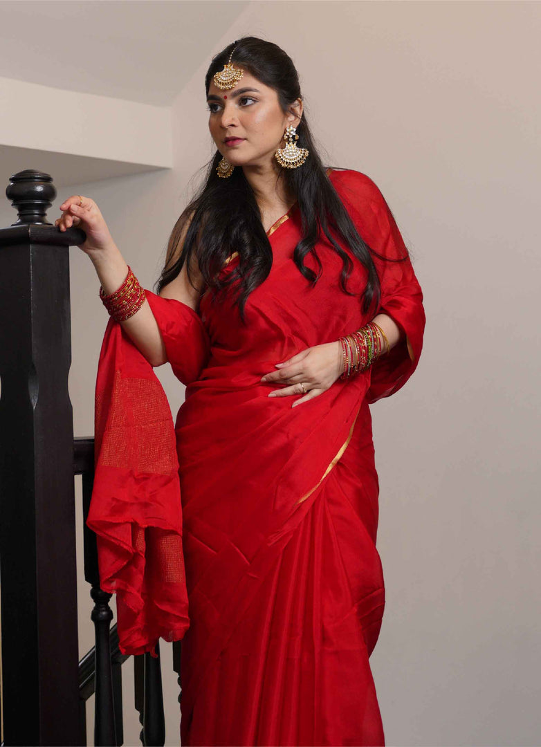 Mysore Pure Chiffon Silk Saree in Bright Red