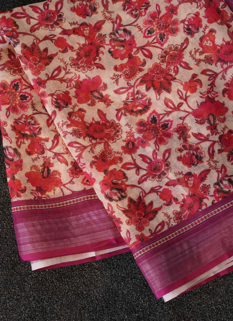 Red Floral linen Saree