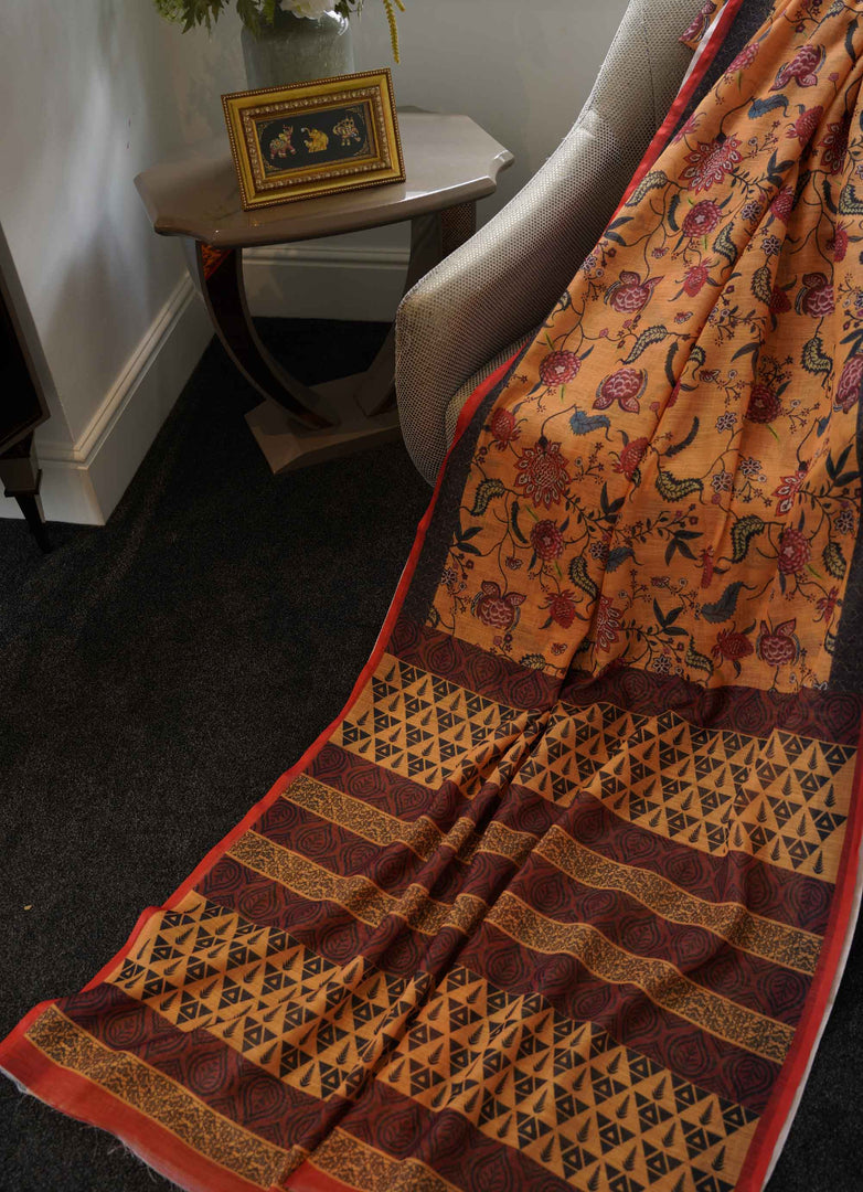 Orange Printed Linen Saree