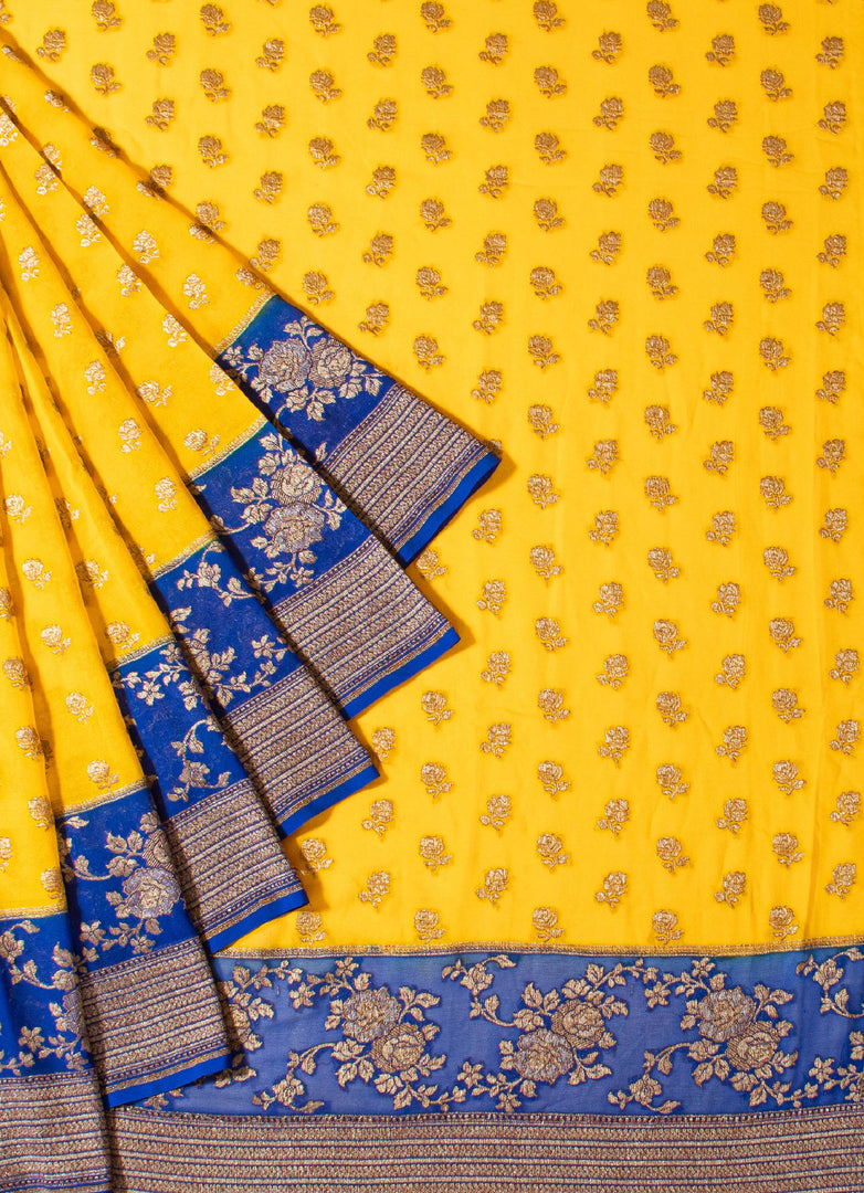 khaddi Georgette Saree in Blue and yellow