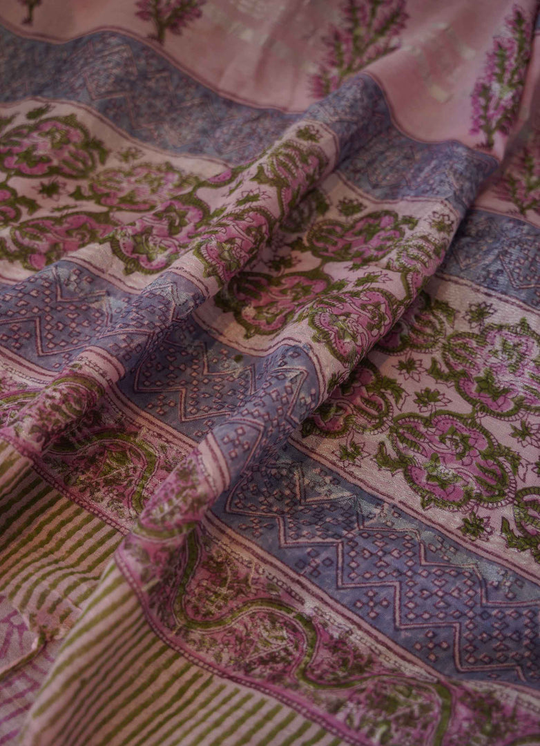 Light Pink Floral Print Linen Saree