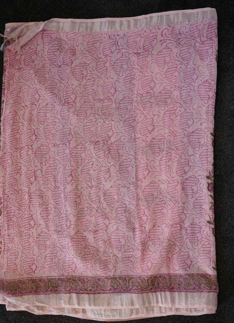 Light Pink Floral Print Linen Saree