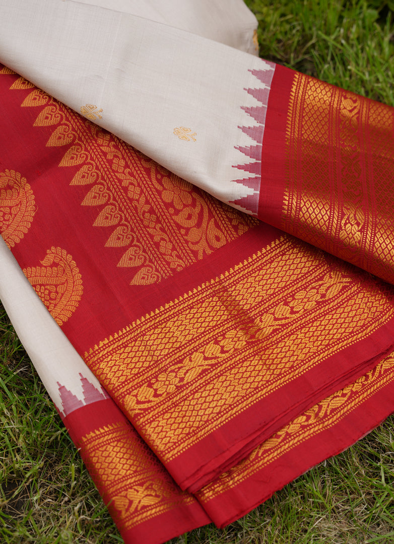 Elegant gadawal white and red silk saree