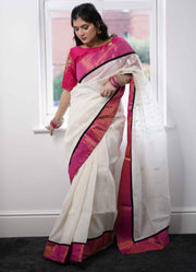 Dhakai Cotton Jamdani Saree in white with Katan border