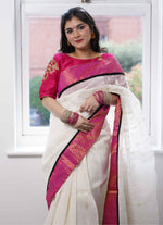 Load image into Gallery viewer, Dhakai Cotton Jamdani Saree in white with Katan border
