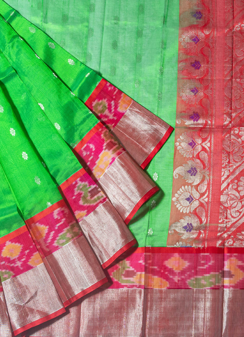 Panchompali Ikat silk saree in light green and red