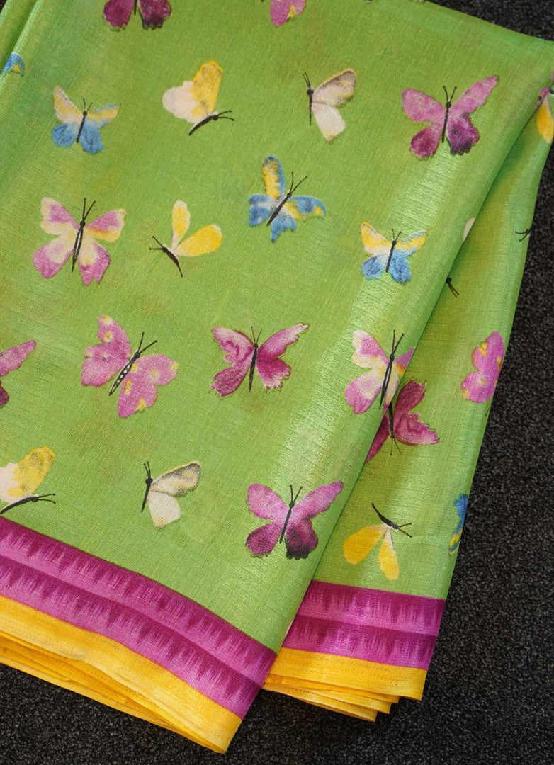 Parrot Green Butterfly Print Saree