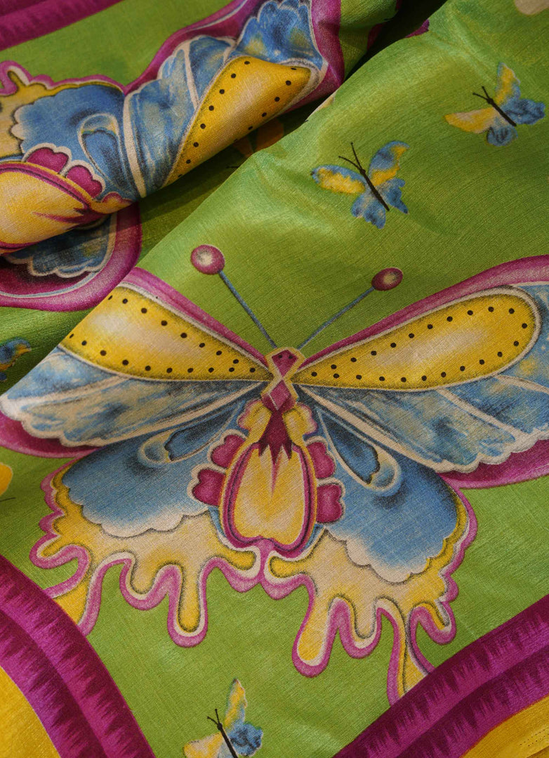 Parrot Green Butterfly Print Saree