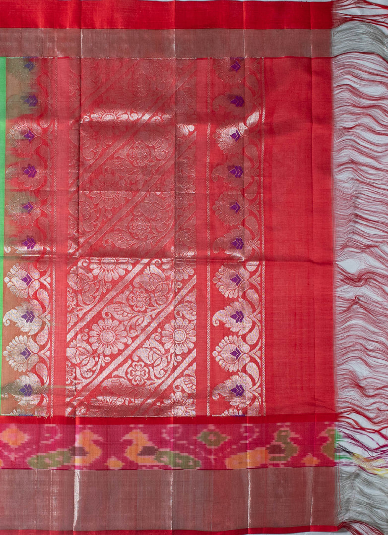Panchompali Ikat silk saree in light green and red