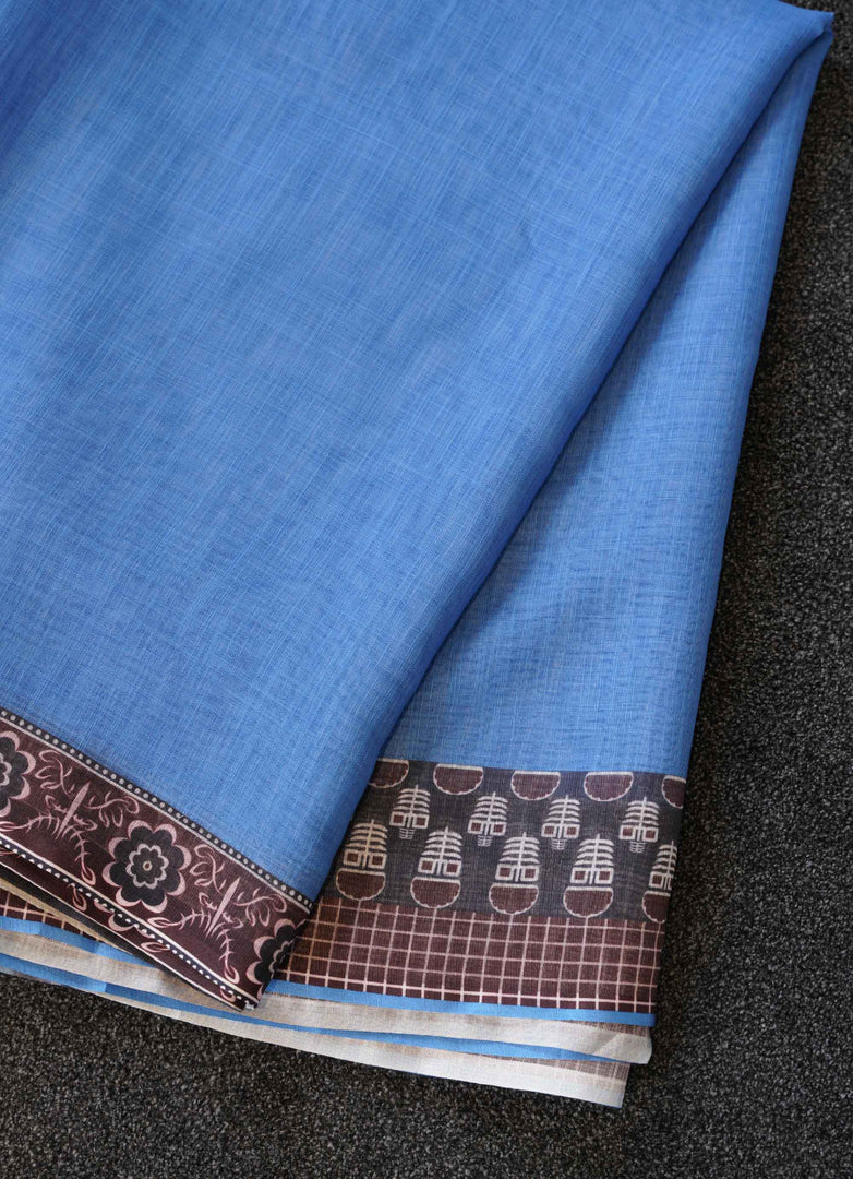 Blue Cotton Saree With Printed Border