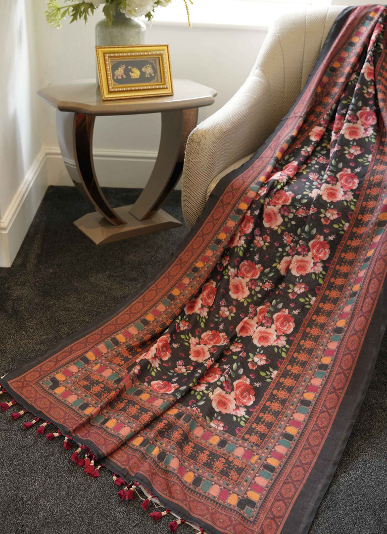 Black and Rose Floral Printed Linen Saree