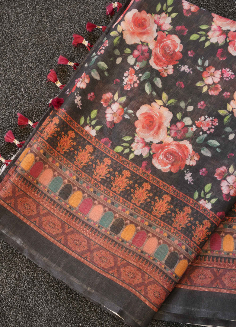 Black and Rose Floral Printed Linen Saree