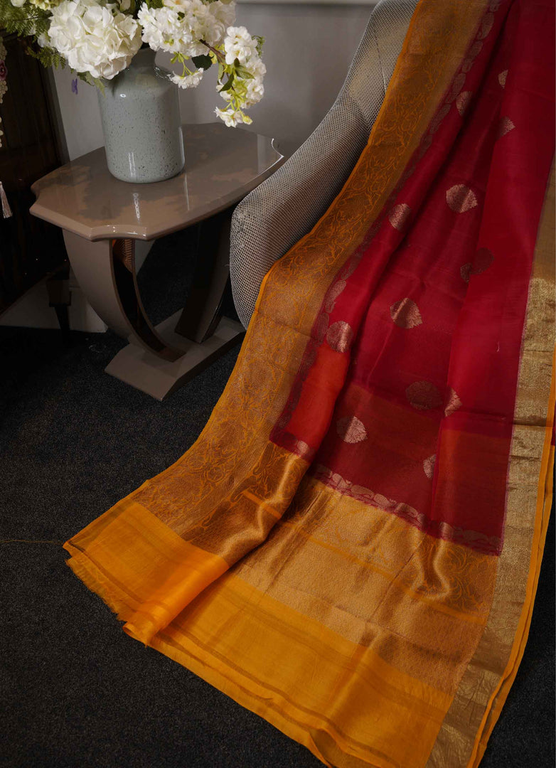 Red and basanti banarasi kore silk saree