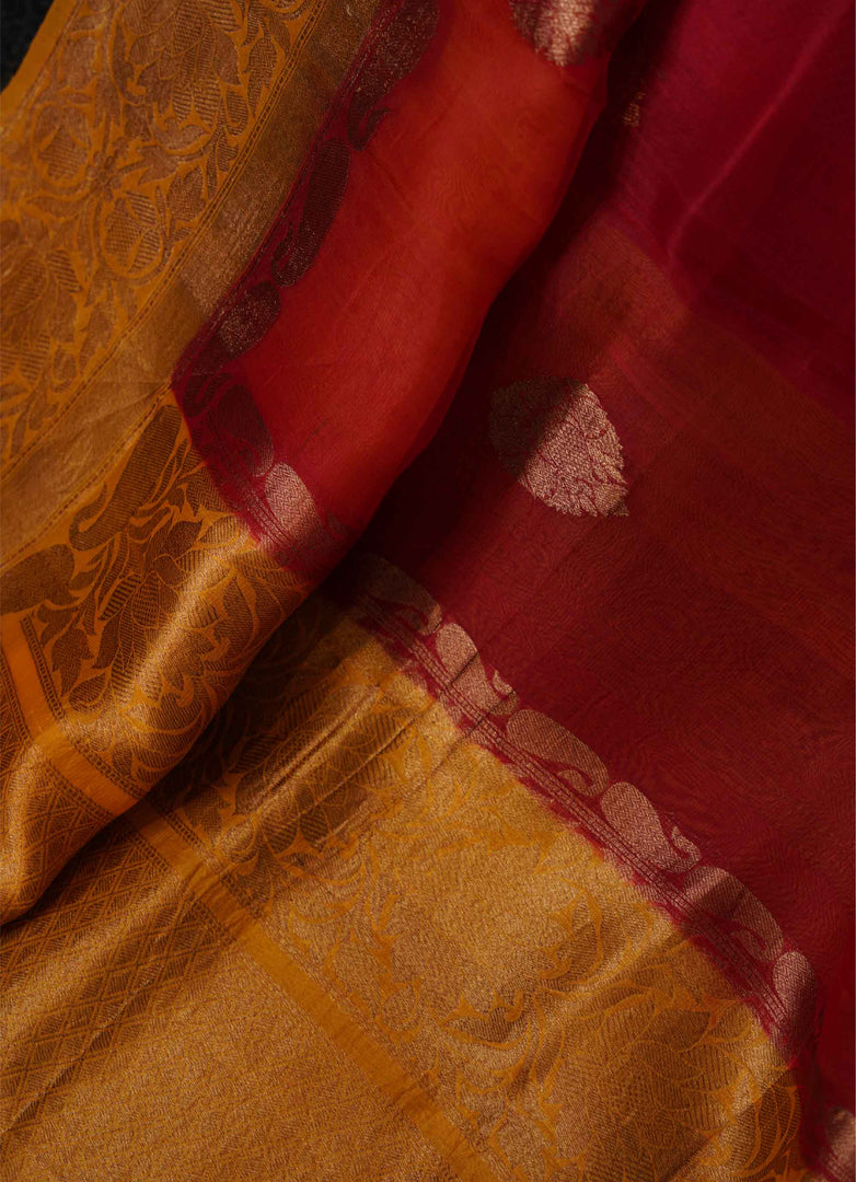 Red and basanti banarasi kore silk saree