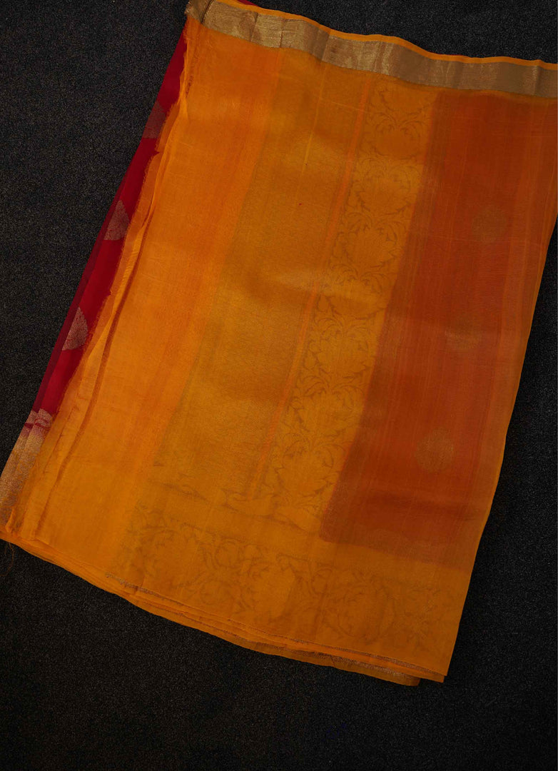 Red and basanti banarasi kore silk saree