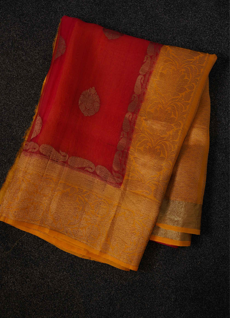 Red and basanti banarasi kore silk saree