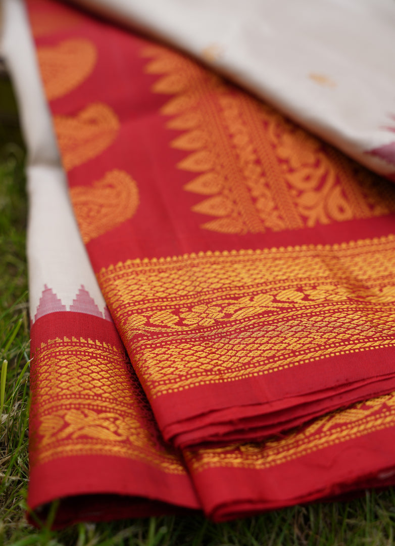 Elegant gadawal white and red silk saree