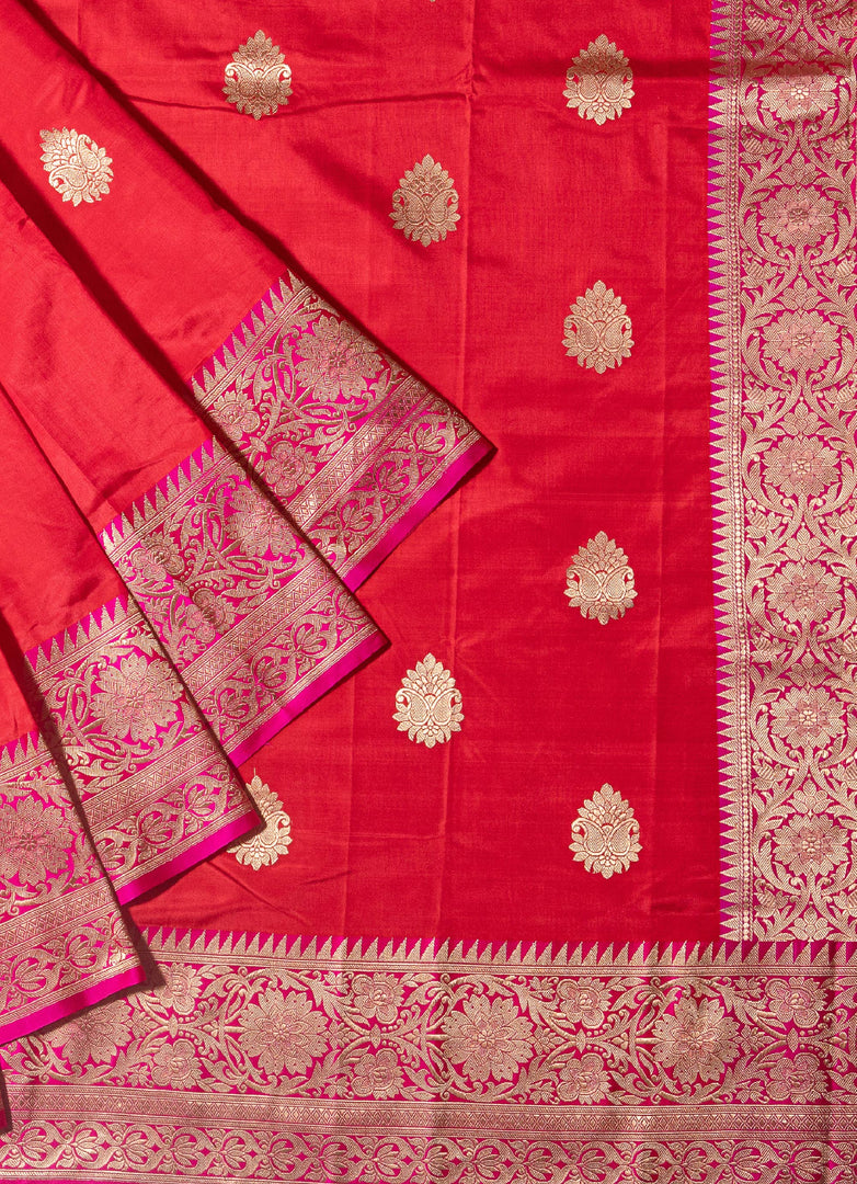 Red and Fusia pink silk saree from Banaras