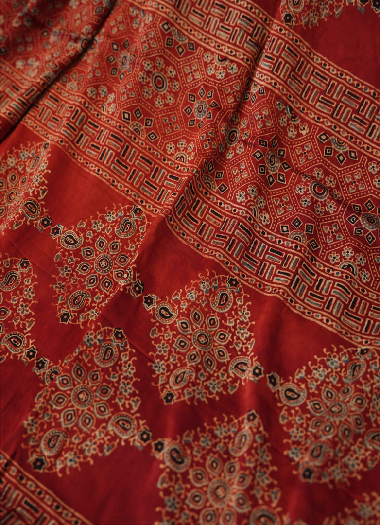 Ajrakh block printed gajji silk saree