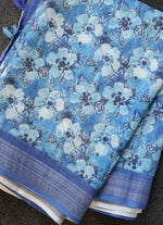 Load image into Gallery viewer, Light Blue Floral Printed Linen Saree
