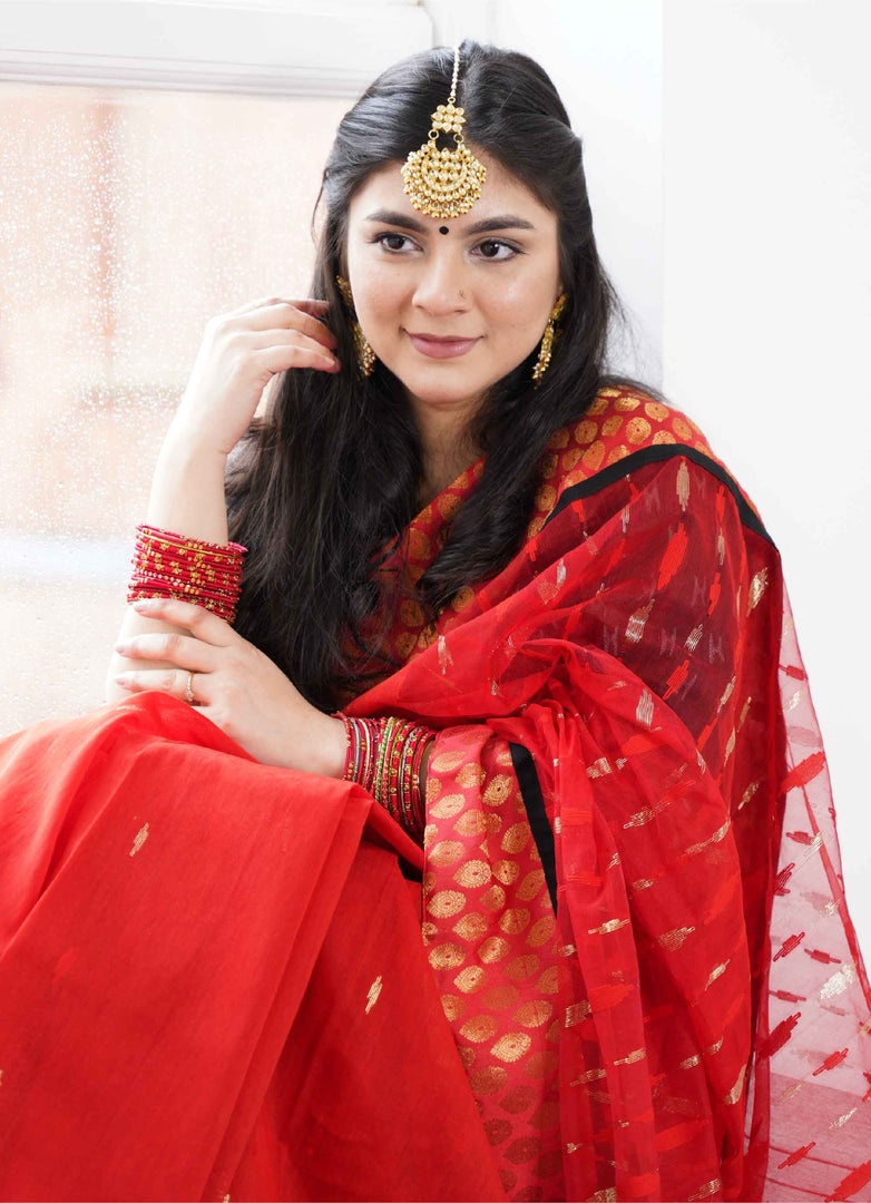 Dhakai Jamdani Saree in Red with Katan border