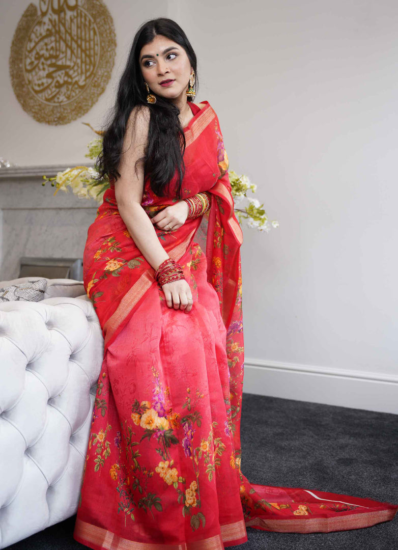 Floral Print Linen Saree in Red