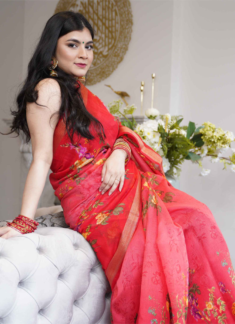 Floral Print Linen Saree in Red