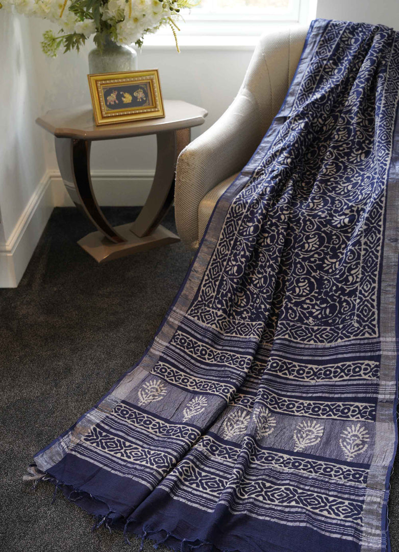 Indigo Blue Printed Linen Saree