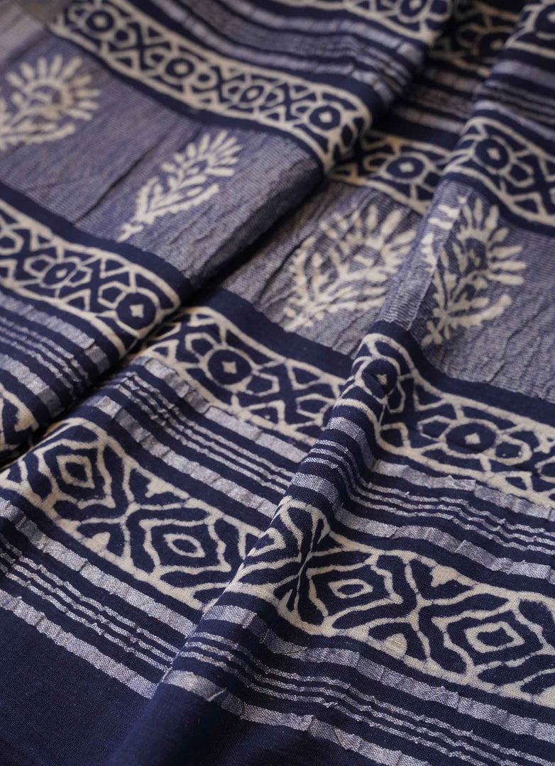 Indigo Blue Printed Linen Saree