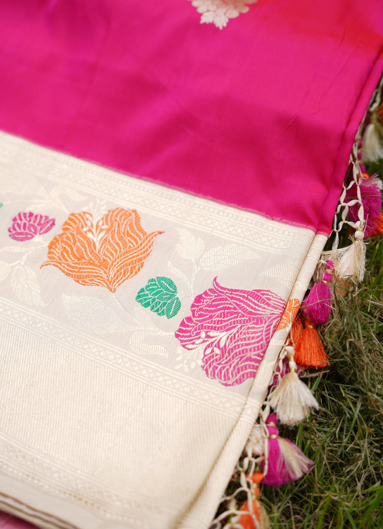 Banarasi silk kadwa butta fuchia pink saree