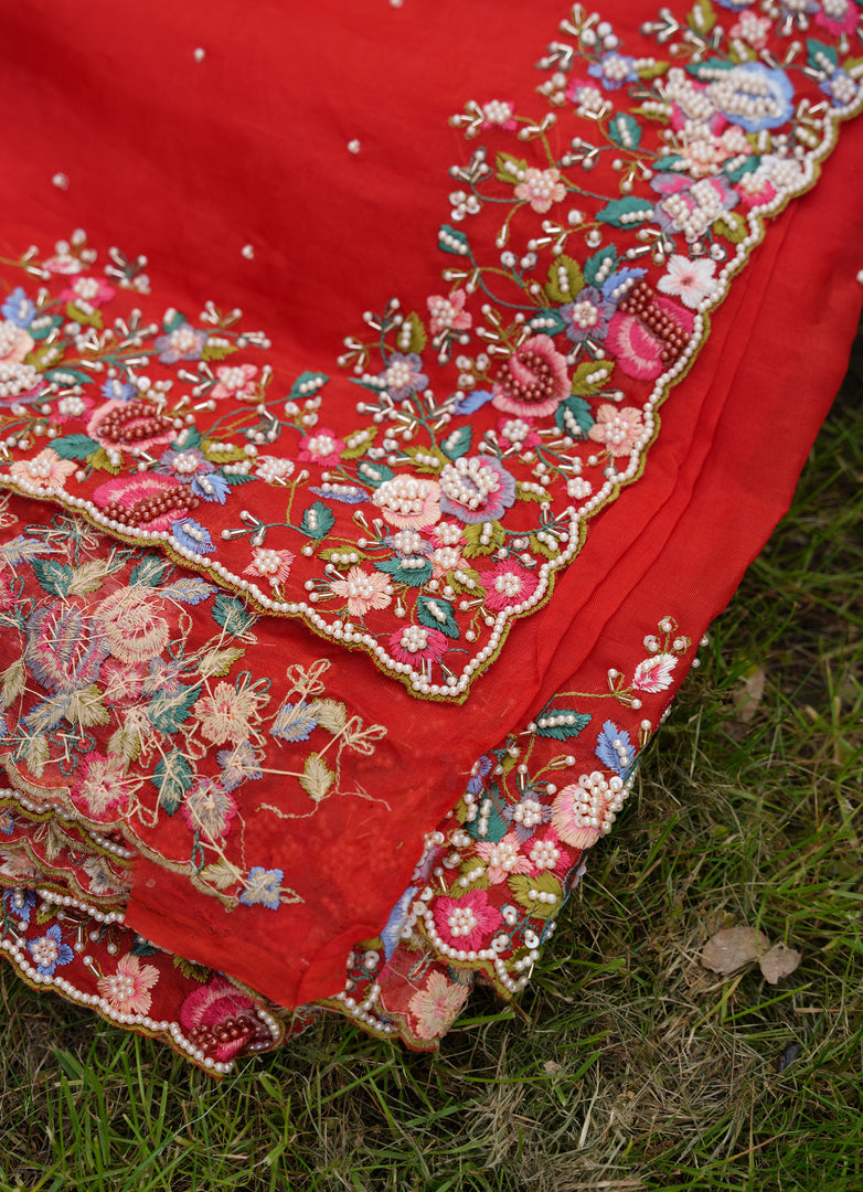 Pure organza red saree with embroidary work