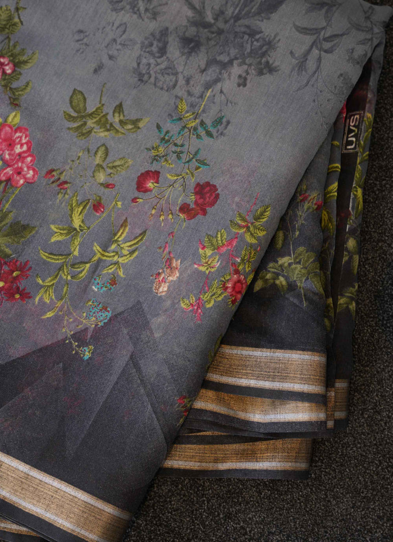 Grey Floral Printed Linen Saree