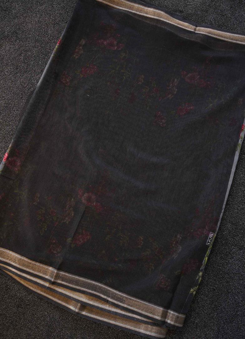 Grey Floral Printed Linen Saree