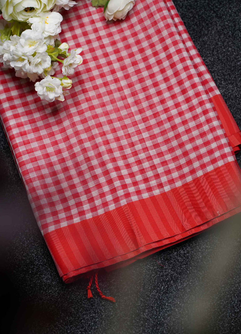 Red and white Banarasi Chequred Cotton Saree