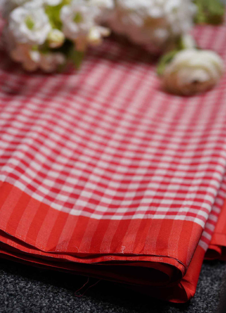 Red and white Banarasi Chequred Cotton Saree