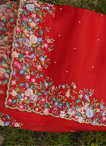 Load image into Gallery viewer, Pure organza red saree with embroidary work
