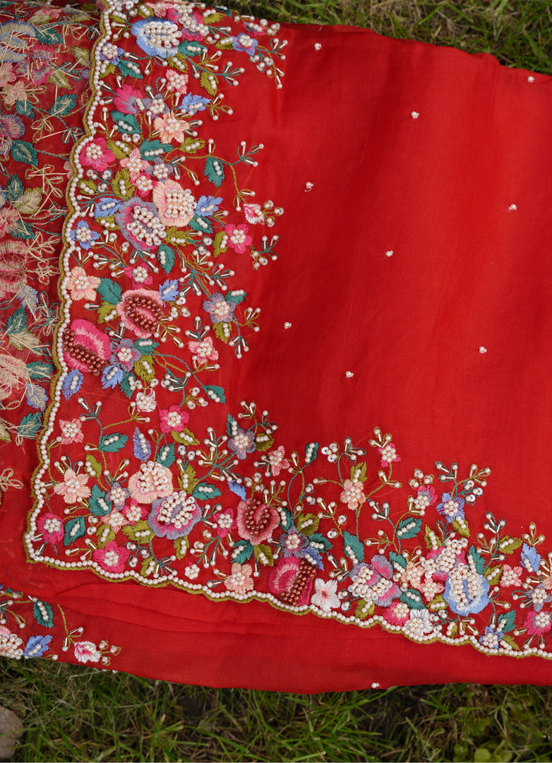 Pure organza red saree with embroidary work