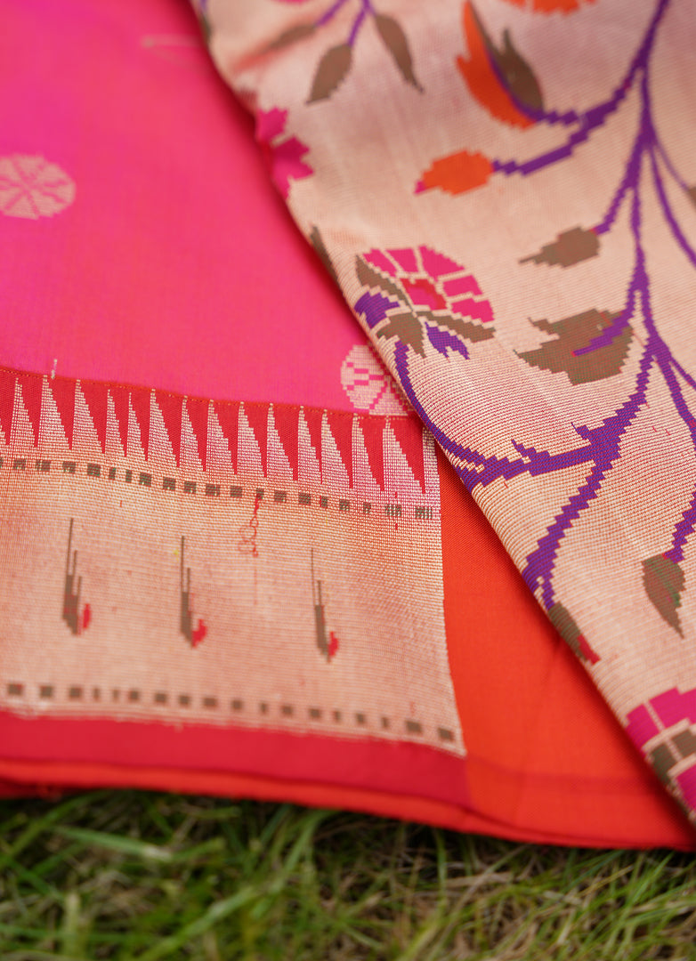 Pink Banarasi silk saree with paithani border