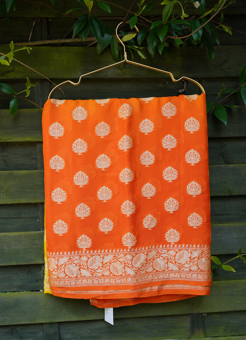 Orange and yellow shaded Chiffon Saree from Banaras