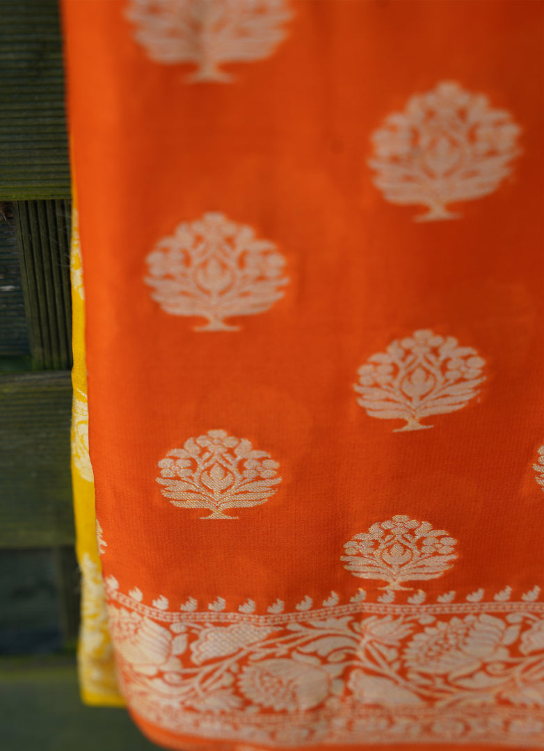 Orange and yellow shaded Chiffon Saree from Banaras