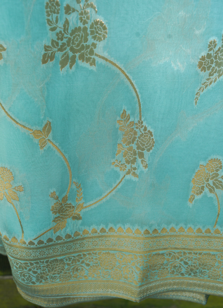 Aqua Blue Banarasi Goergette Saree with tarnish border ans pallu from Banaras